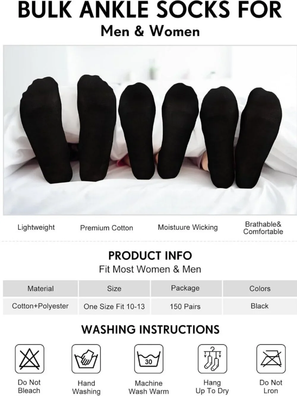 150 Pairs Low Cut Ankle Socks - Comfortable, Wicking, Lightweight No Show Socks